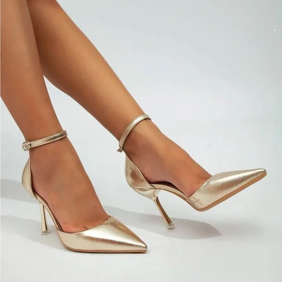 Gold Metallic Point Toe Ankle Strap stiletto Pumps - Picture 3 of 3